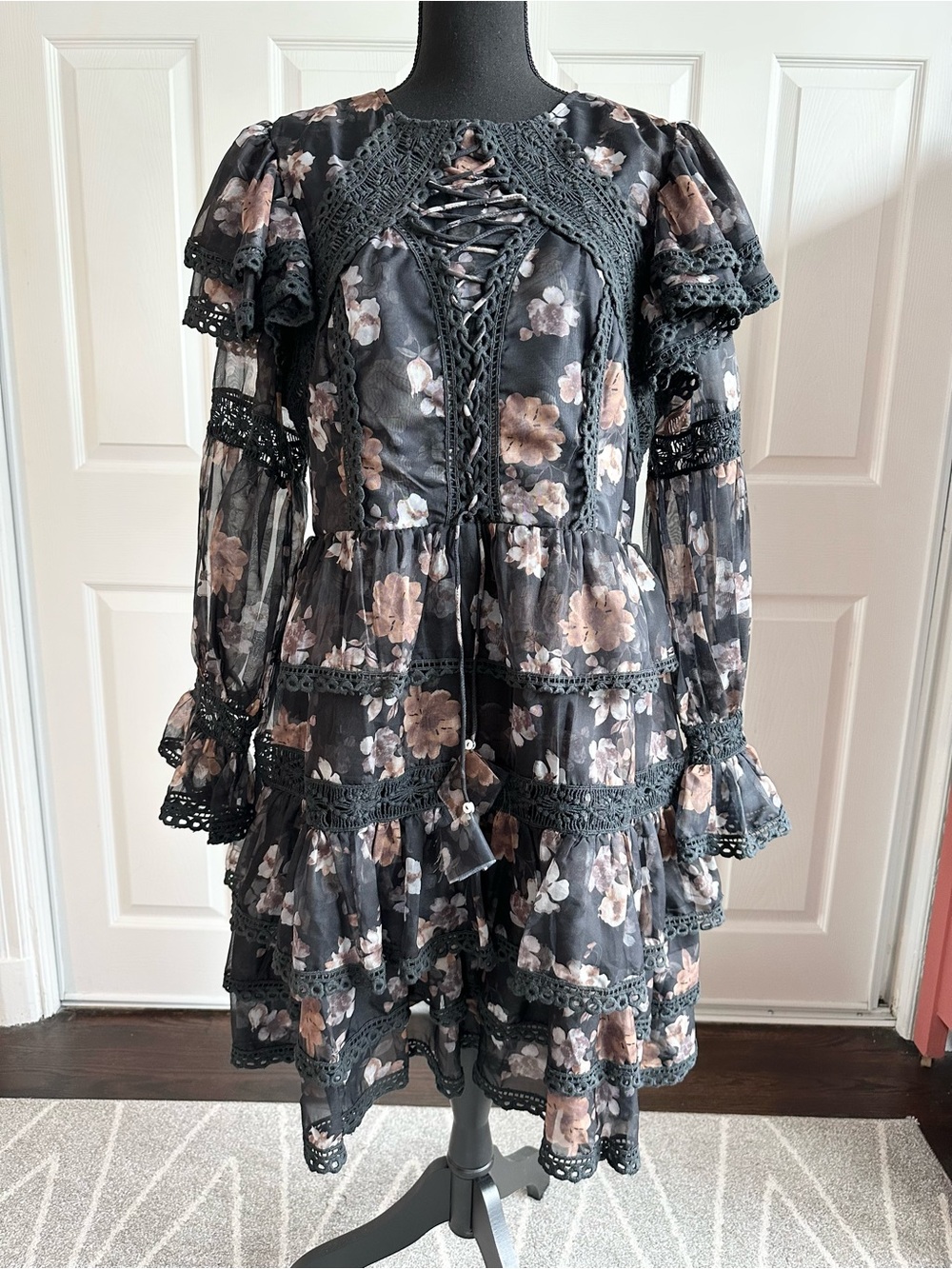 Ivy City Black Floral Balletcore Lace Front Long Sleeve Babydoll Dress